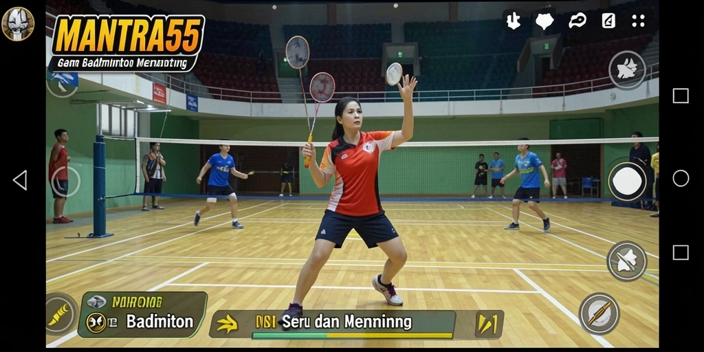 Tampilan antarmuka game badminton yang menarik dan dinamis.