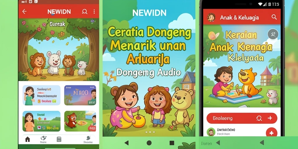 Antarmuka NEWIDN menampilkan pilihan dongeng audio yang menarik.