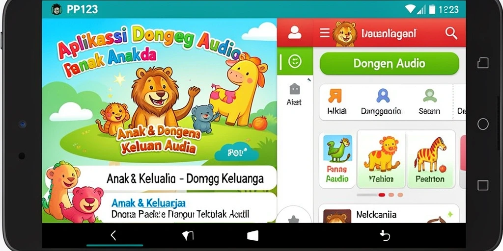 Screenshot antarmuka PP123 yang menunjukkan kategori dongeng audio.