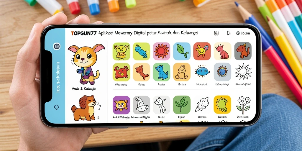 Antarmuka aplikasi Mewarnai Digital TOPGUN77 yang menarik dan ramah anak.