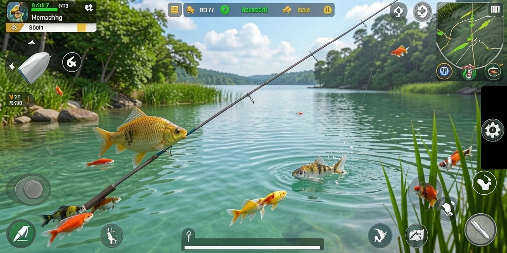 Antarmuka permainan V87 yang menampilkan lokasi memancing yang indah.